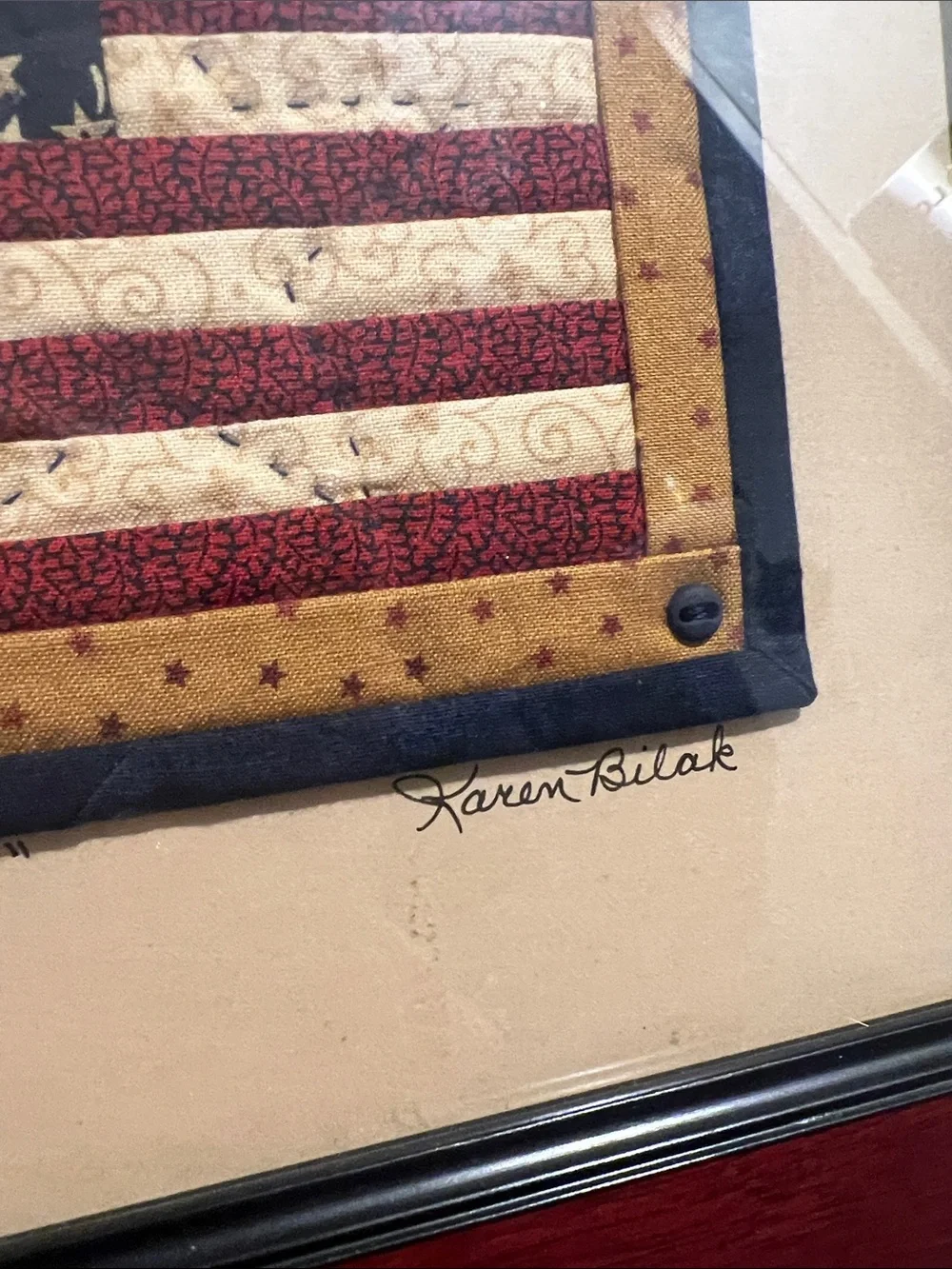 Redbud ridge quilts Framed Patriotic Flag Wall Art - Red, Blue, Cream.